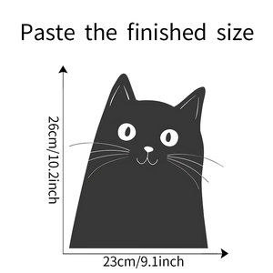 Detailed size chart showing dimensions 26cm by 23cm for black cat wall sticker