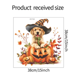 Detail showing Halloween wall sticker with golden puppy in pumpkin and wizard hat 38x38cm