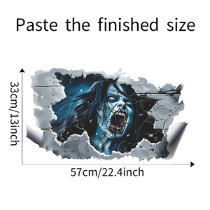 Detail showing dimensions of 3D cracked wall zombie woman horror wall sticker 57x33cm