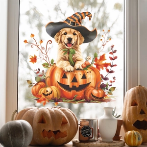 Halloween window sticker featuring a Golden Retriever with wizard hat in carved pumpkins