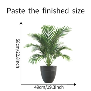Detailed wall sticker size chart showing a 58cm by 49cm tropical monstera plant decal