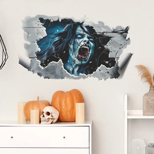 3D Halloween Zombie Wall Decal Broken Wall Terror Female Ghost PVC Sticker For Bedroom Living Room Spooky Home Decoration