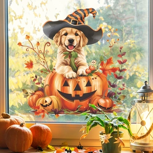 Halloween Puppy Pumpkin Wizard Hat Wall Sticker PVC Removable Autumn Leaf Decal For Living Room Bedroom Window Decoration