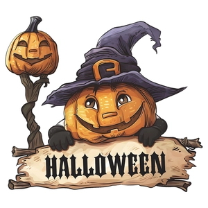 Halloween pumpkin wall sticker with wizard hat and wooden sign on a clean white background