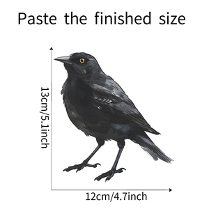 Detailed dimensions of realistic black bird wall decal in centimeters and inches