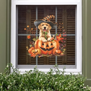 Detail of Halloween window sticker showing a golden retriever puppy in a pumpkin with maple leaves