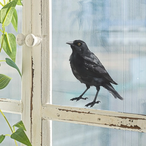 Realistic black bird window sticker showing detailed feather texture on glass