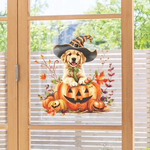Halloween wall sticker with pumpkin lantern and puppy in wizard hat on glass window