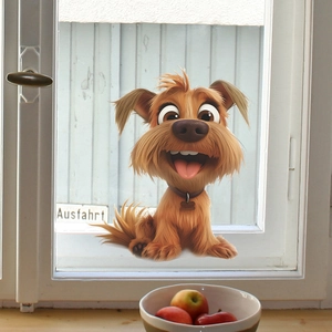 Cute brown dog wall sticker with realistic 3D fur texture on a white window frame