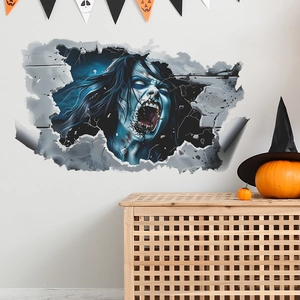 3D Halloween wall decal featuring a scary zombie girl breaking through a white wall