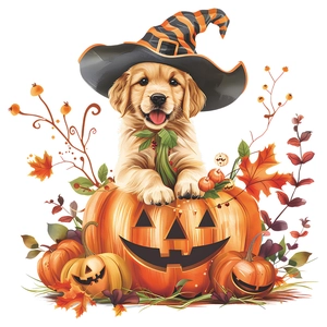 Golden Retriever puppy in witch hat with Halloween pumpkin and autumn leaves wall sticker