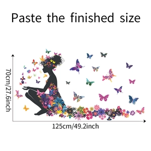 Detail showing self-adhesive wall sticker dimensions of girl silhouette with flower dress