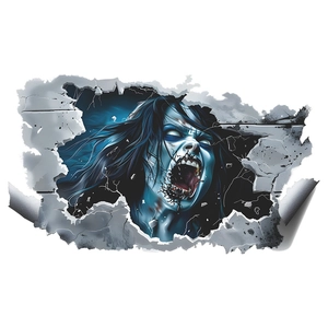 3D Halloween wall sticker featuring a terrifying blue ghost breaking through a cracked wall