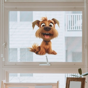 Detail of 3D-effect cartoon brown puppy wall sticker with bone collar on glass window