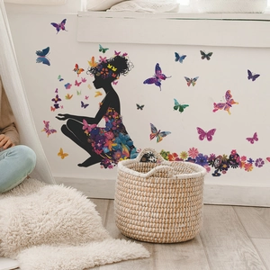 Removable PVC Floral Girl Silhouette Wall Sticker With Butterflies Artistic Floral Dress Decal For Bedroom Dorm Living Room HY-C030