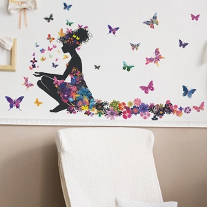 Floral dress girl wall decal with vibrant flowers and butterflies for living room decor