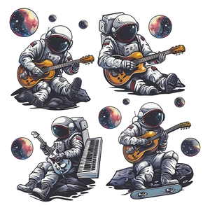 Adesivi murali spazio con astronauti che suonano la chitarra e skateboard con pianeti colorati