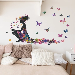 Floral dress girl silhouette wall decal with colorful butterflies for bedroom decor