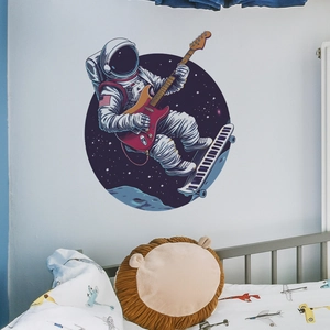 Round wall sticker of an astronaut playing electric guitar on a blue skateboard in space