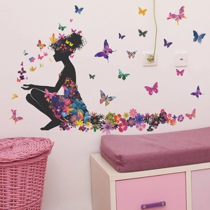 Floral dress girl and butterfly wall sticker for elegant home bedroom decoration