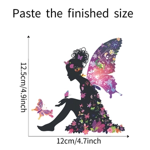 Detailed size chart showing flower-winged fairy silhouette wall sticker dimensions