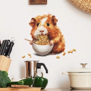 Detailed wall decal showing a cute hamster eating noodles on a modern kitchen wall background
