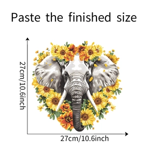 Cartoon elephant and sunflower wall decal detail with 27cm x 27cm size markings