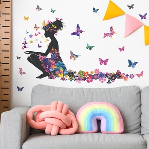 Floral dress girl silhouette wall decal with colorful butterflies for home decoration