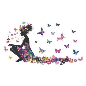 Floral butterfly wall sticker featuring a woman silhouette with colorful flower dress