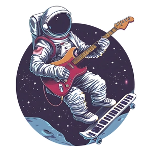 Space astronaut wall sticker with guitar and piano skateboard on moon background