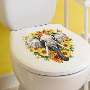 Self-adhesive wall sticker featuring cartoon elephant and sunflowers for nursery bathroom decor