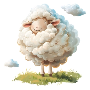 Cute cartoon sheep on green grass with clouds wall sticker for kids bedroom decoration