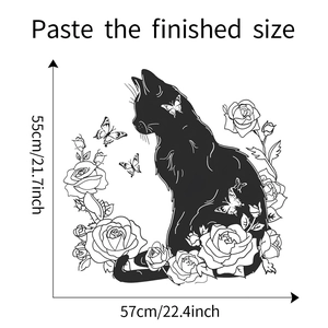 Detailed dimension guide showing the 57x55cm black cat and rose flower wall sticker layout