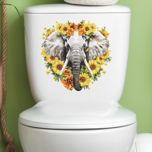Close-up of cute cartoon elephant and sunflower self-adhesive sticker on a toilet tank