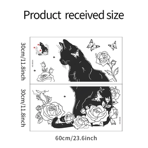 Detail showing self-adhesive wall sticker layout with black cat, roses, and butterflies