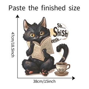 Detailed size specifications for black cat reading book wall sticker with coffee