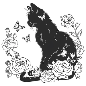 Elegant black cat and rose flower wall sticker decal for home bedroom decor