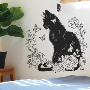Modern Black Cat Silhouette Wall Sticker With Rose Flowers And Butterflies Waterproof PVC Decal For Living Room Bedroom Home Decor