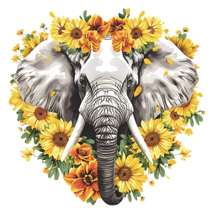Artistic cartoon elephant wall sticker with vibrant sunflowers and floral heart shape