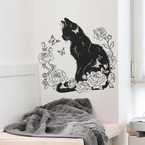 Artistic black cat silhouette wall sticker with roses and butterflies for home decor