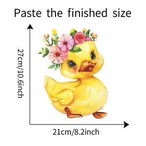 Cartoon duck wall sticker with floral crown showing dimensions 27cm x 21cm for bathroom