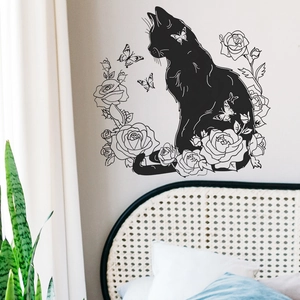 Self-adhesive black cat and rose flower wall sticker decal for bedroom home decoration