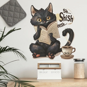 Cartoon Black Cat Reading Newspaper Wall Sticker PVC Self-Adhesive Art Decal For Bedroom Living Room Kitchen Home Decor
