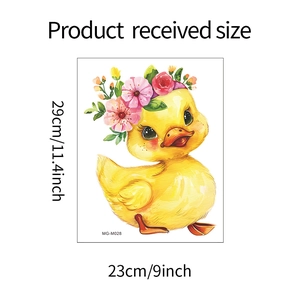 Detailed size specifications for a cute cartoon duck wall sticker with floral wreath decoration