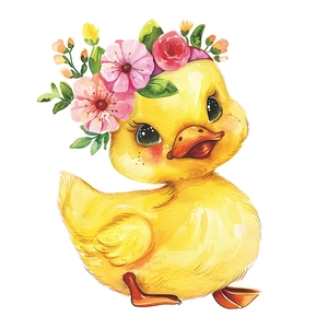 Cute cartoon yellow duck with flower wreath watercolor wall sticker for bathroom decor