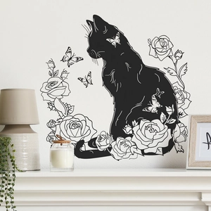 Elegant black cat silhouette wall sticker with rose flowers and butterflies for home decor
