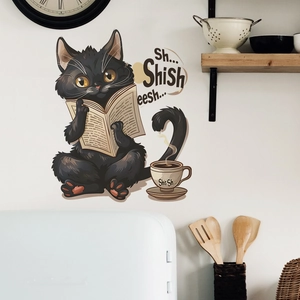 Self-adhesive black cat reading wall sticker in a cozy kitchen background decoration
