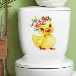 Waterproof PVC Cartoon Duck With Flower Wreath Toilet Sticker For Bathroom Home Decor Watercolor Wall Decal