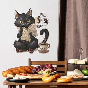 Cartoon black cat reading newspaper wall sticker with coffee for home decor