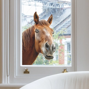 Creative 3D horse head window sticker with realistic brown fur detail for home decor